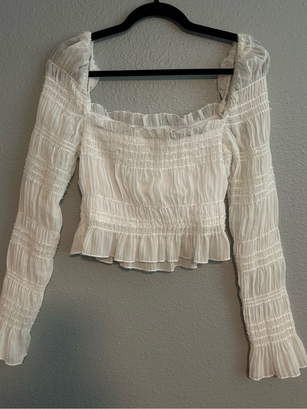 Tobi White Sequin Smocked Long-Sleeve Peasant Top EURO SUMMER